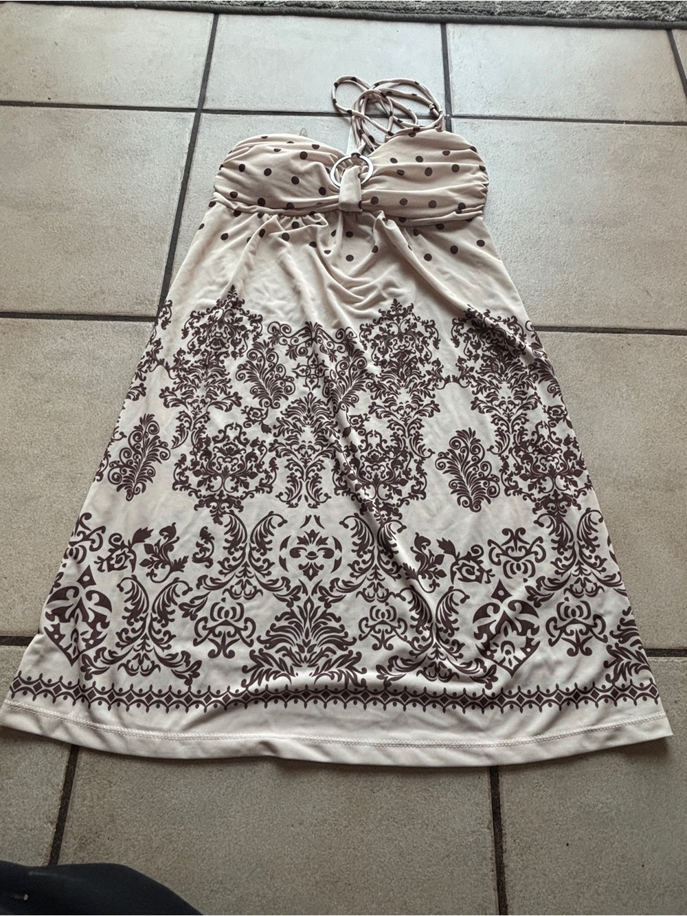 Cristinalove Cream Dress with Brown Polka Dot & Damask Print